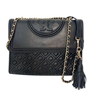 Tory Burch Fleming Leather Convertible Shoulder Bag Crossbody Black Chain Logo
